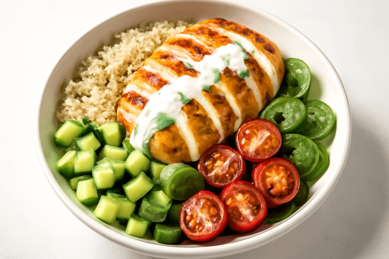 Leichte Hähnchen-Quinoa-Bowl mit Zitronen-Joghurt