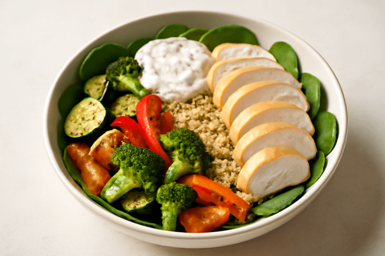 Leichte Hähnchen-Bowl mit Quinoa und Ofengemüse