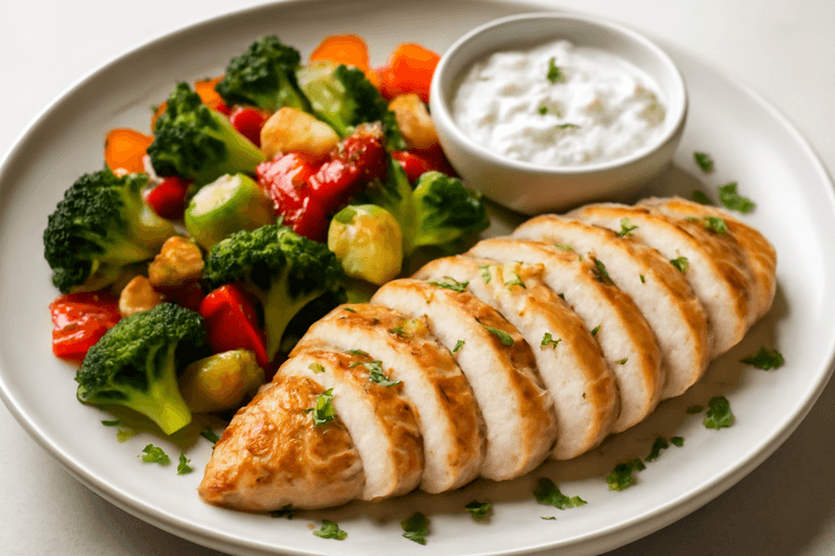 Zitronen-Hähnchen mit Ofengemüse und Kräuter-Joghurt