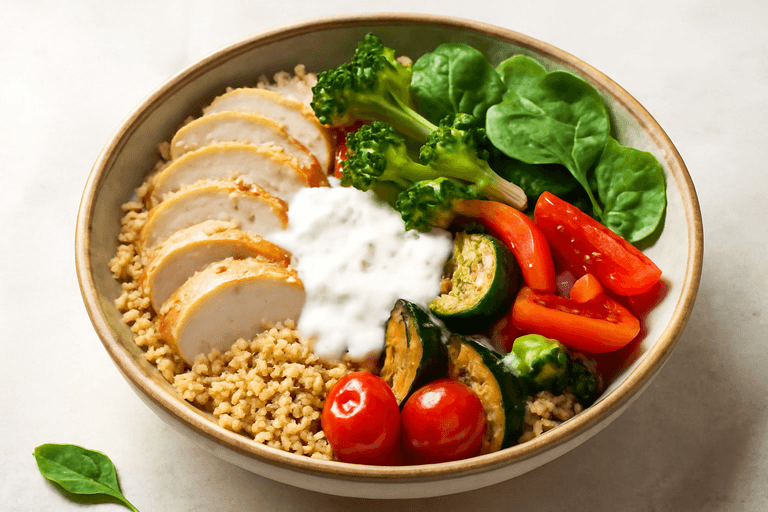 Leichte Hähnchen-Bowl mit Quinoa und Ofengemüse