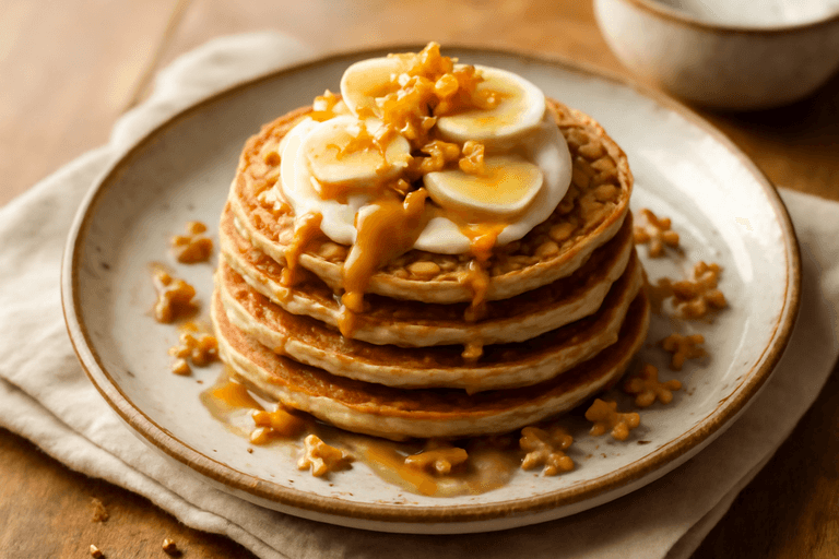 Krachtige Havermout-Pannenkoeken met Banaan, Yoghurt en Pindakaas