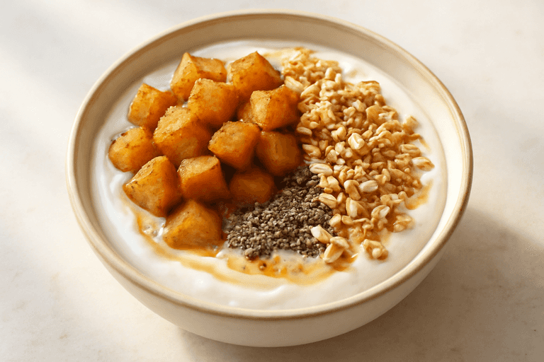 Bol protéiné yaourt, pommes poêlées et avoine croquante