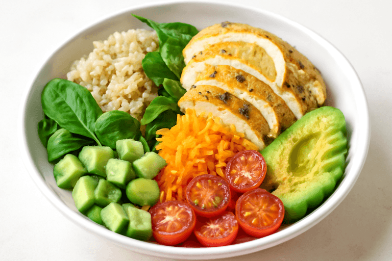 Bol de poulet citronné, quinoa et légumes croquants