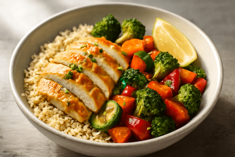 Bol de poulet citronné, quinoa et légumes rôtis