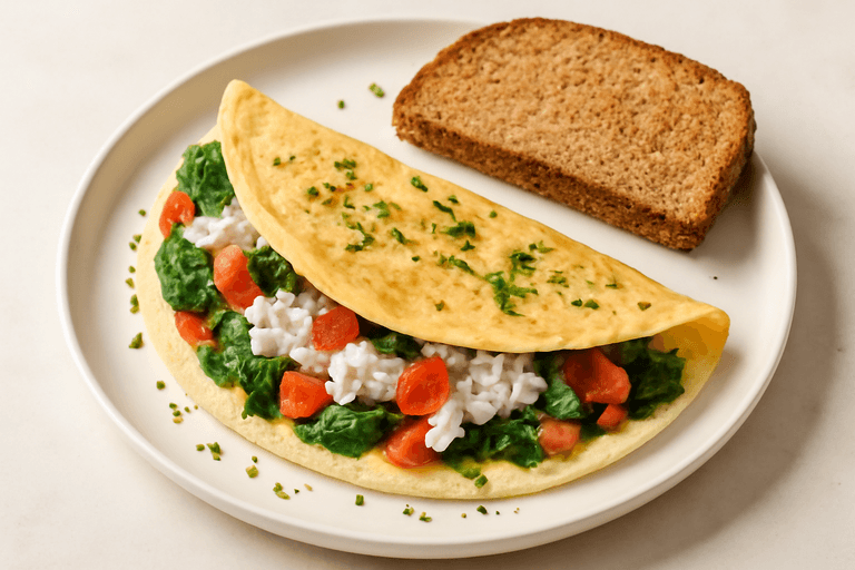 Białkowy omlet warzywny z twarożkiem i pełnoziarnistą grzanką