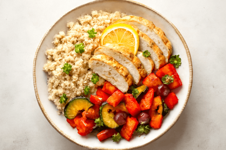 Citroen-kruidenkip met geroosterde groenten en quinoa