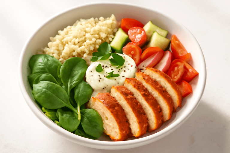 Leichte Hähnchen-Bulgur-Bowl mit Zitronen-Joghurt
