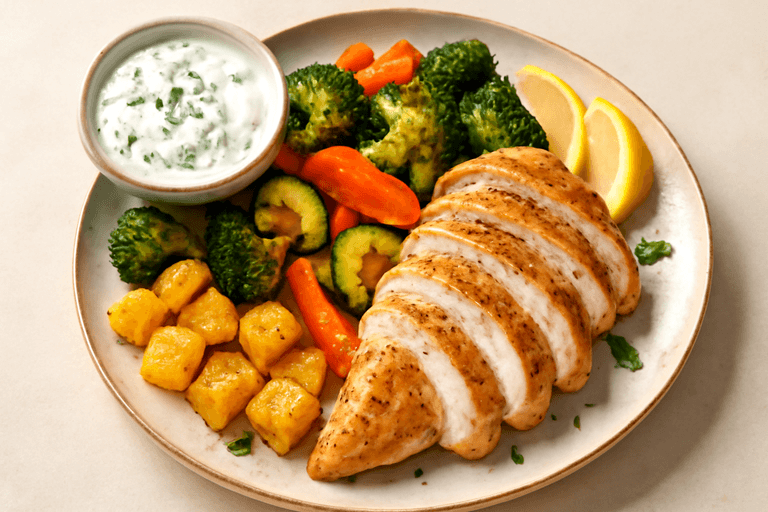 Zitronen-Hähnchen mit Ofengemüse und Joghurt-Kräuter-Dip