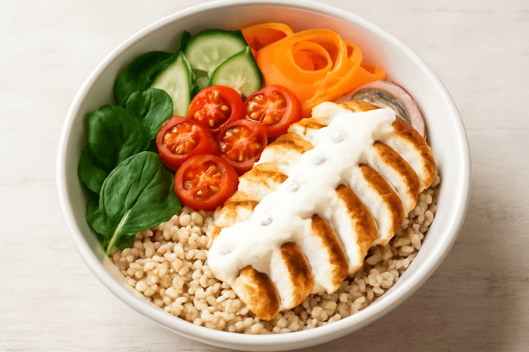 Leichte Hähnchen-Reis-Bowl mit Zitronen-Joghurt