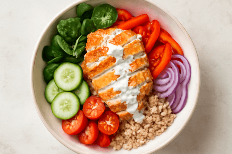 Leichte Hähnchen-Quinoa-Bowl mit Zitronen-Joghurt