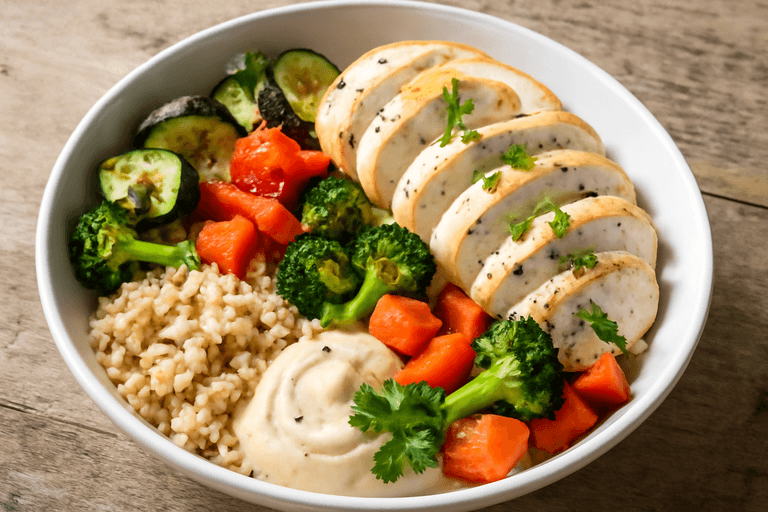 Leichte Zitronen-Hähnchen-Bowl mit Ofengemüse