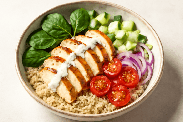 Kyckling- och quinoabowl med citronyoghurt