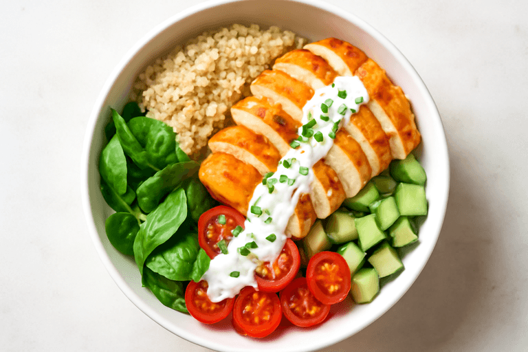 Proteinrik kycklingbowl med quinoa och citronyoghurt