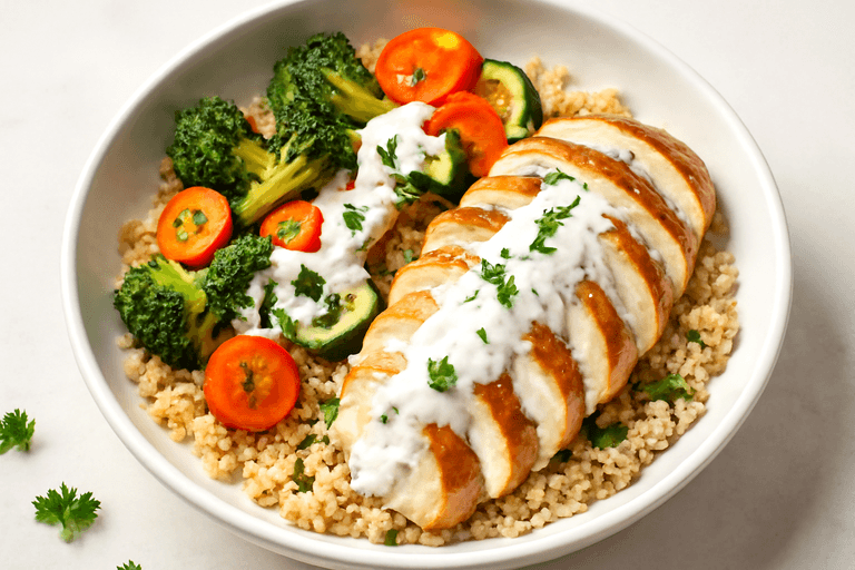 Proteinrik kycklingbowl med citron, örter och rostade grönsaker