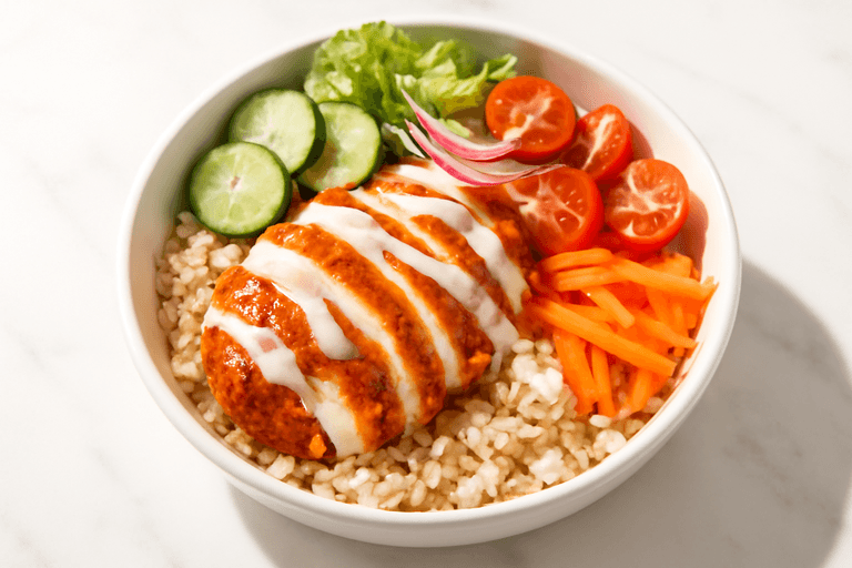 Leichte Hähnchen-Reis-Bowl mit Joghurtdressing