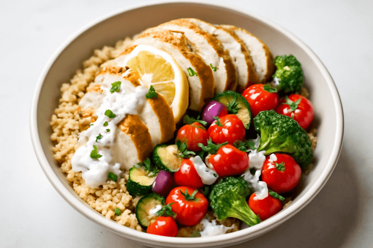 Leichte Zitronen-Hähnchen-Bowl mit Quinoa und Ofengemüse