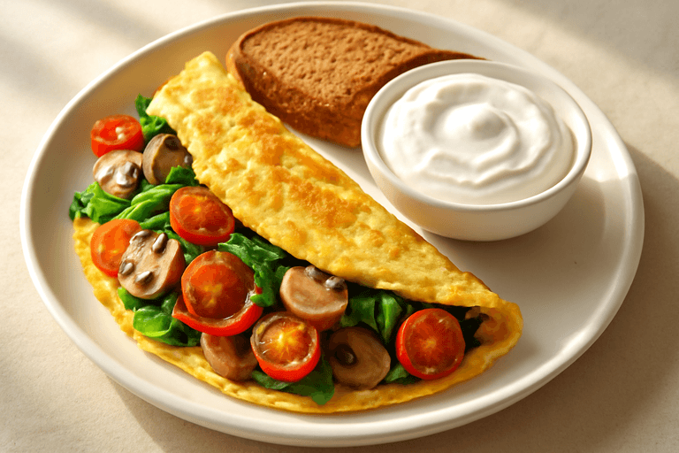 Omletă proteică cu spanac, ciuperci și iaurt