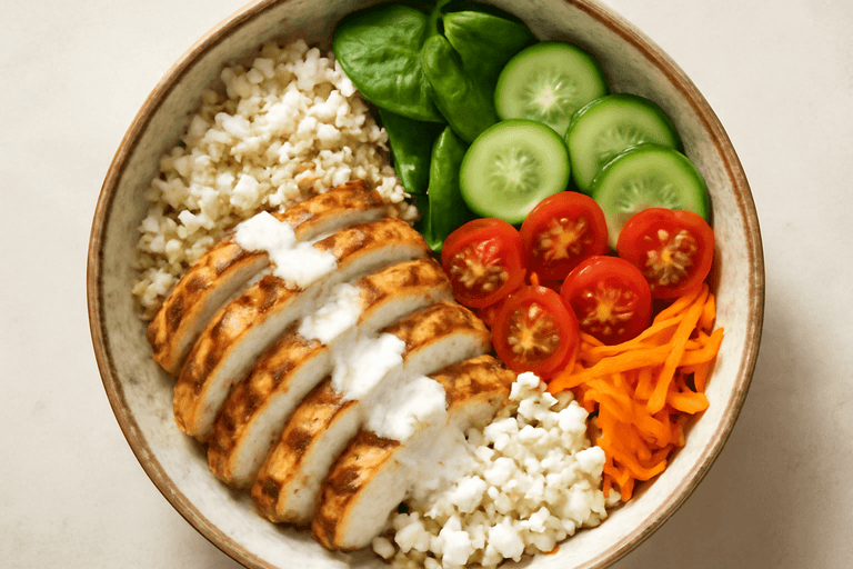 Bowl Mediterranea di Pollo, Quinoa e Verdure Croccanti
