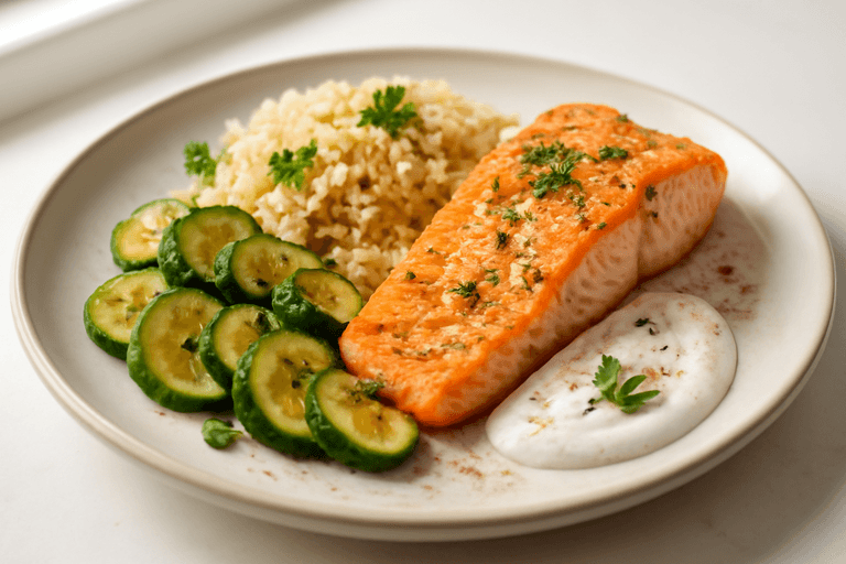 Salmone al Forno con Quinoa, Zucchine e Salsa allo Yogurt e Limone