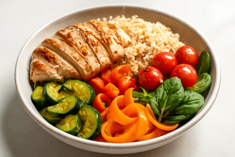 Bowl Proteica di Pollo, Quinoa e Verdure Croccanti