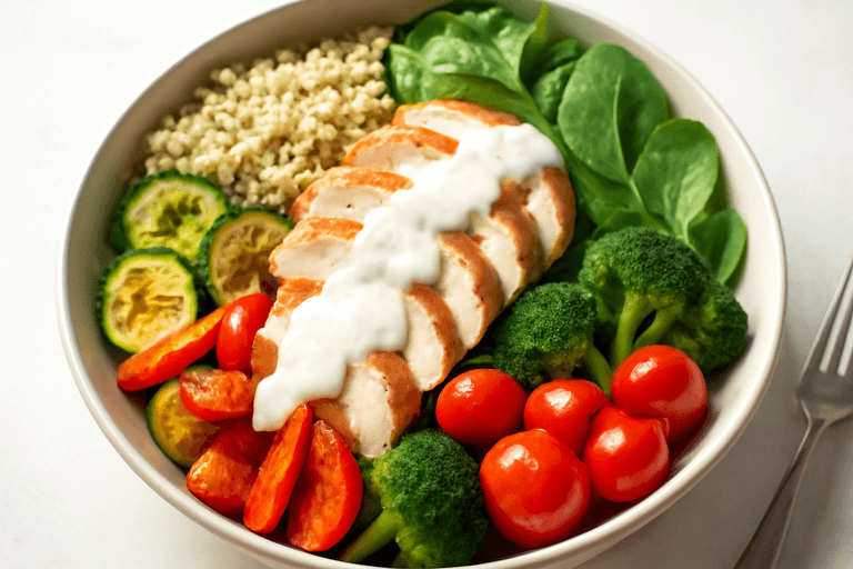 Leichte Hähnchen-Quinoa-Bowl mit Ofengemüse