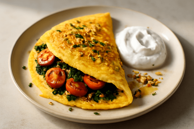 Omelette proteica mediterranea con spinaci, pomodorini e yogurt