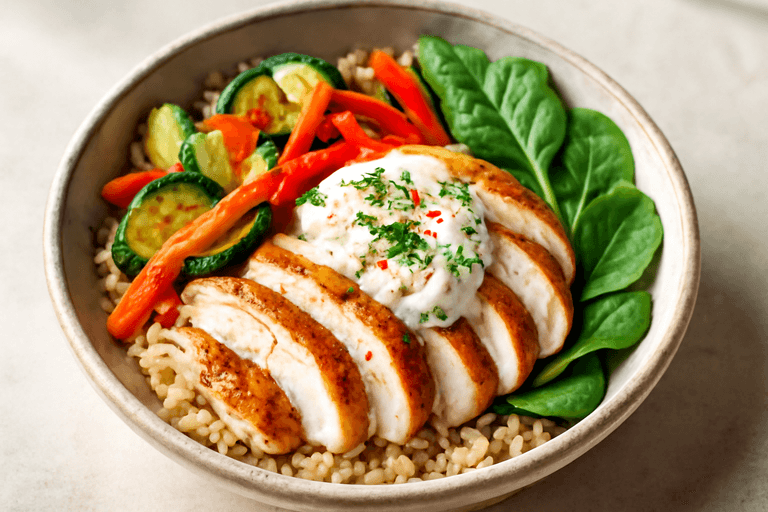 Bowl Proteica di Pollo, Riso Integrale e Verdure Croccanti