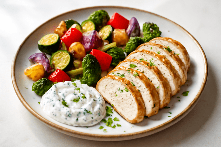 Zitronen-Hähnchen mit Ofengemüse und Kräuter-Joghurt