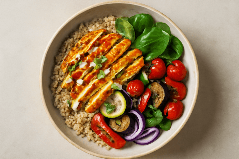 Bowl de Pollo Mediterráneo Ligero con Quinoa y Verduras Asadas