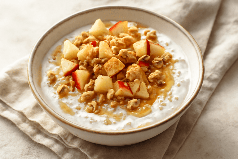 Leichte Apfel-Zimt-Skyr-Bowl mit Hafer und Nüssen