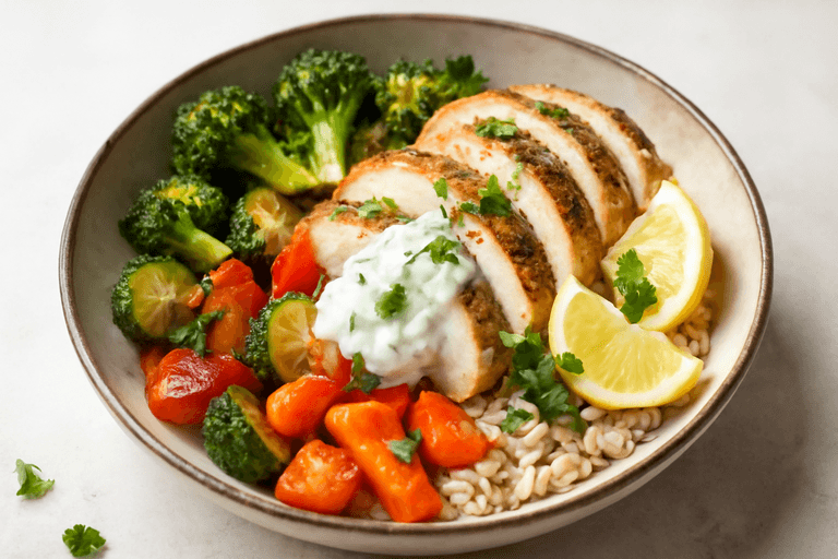 Leichte Zitronen-Hähnchen-Bowl mit Ofengemüse und Kräuter-Joghurt