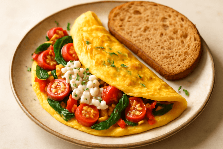 Energieke Groente-Omelet met Hüttenkäse en Volkoren Toast
