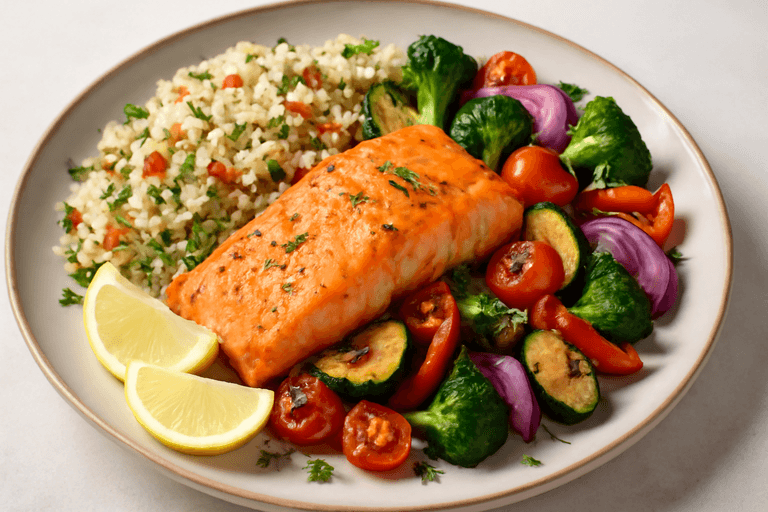 Salmón al horno con quinoa mediterránea y verduras crujientes