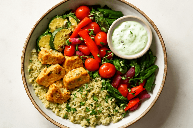 Mediterrane Hähnchen-Gemüse-Pfanne mit Zitronen-Kräuter-Quinoa