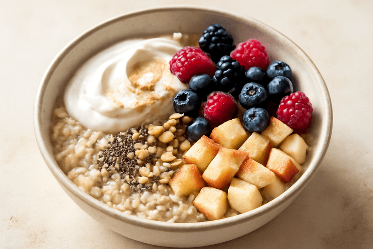 Leichte Protein-Hafer-Bowl mit Joghurt, Beeren und Apfel