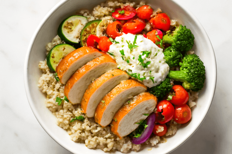 Leichte Zitronen-Hähnchen-Bowl mit Ofengemüse und Kräuterjoghurt